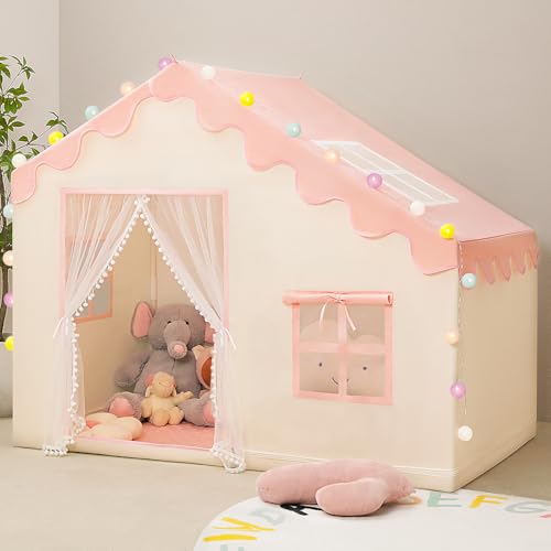 Kids Play Tent with Mat - Kids Tent Indoor with Star Lights and Flags, Toddler Tent for Kids Ages 3-8, Kids Playhouse for Girls Boys, 57" x 35" x 47" (Beige)