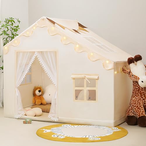 Kids Play Tent with Mat - Kids Tent Indoor with Star Lights and Flags, Toddler Tent for Kids Ages 3-8, Kids Playhouse for Girls Boys, 57" x 35" x 47" (Beige)