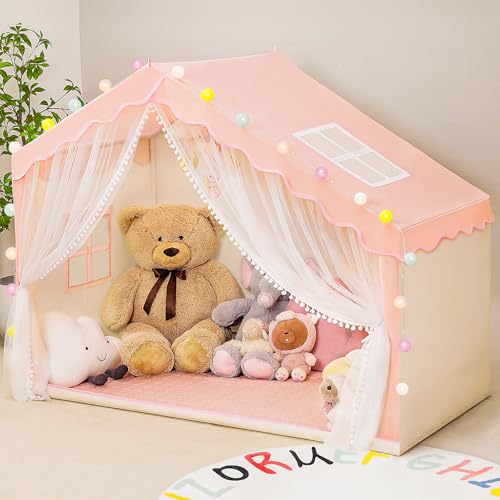 Kids Play Tent with Mat - Kids Tent Indoor with Star Lights and Flags, Toddler Tent for Kids Ages 3-8, Kids Playhouse for Girls Boys, 57" x 35" x 47" (Beige)