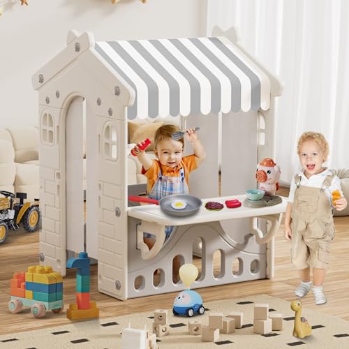 BIERUM Kids Playhouse with Cute Kids Pretend Play Kitchen Toys Set, Outdoor Playhouse for Toddlers Aged 1-3, with Windows, Door Curtains and Foldable Stand and Play Platform