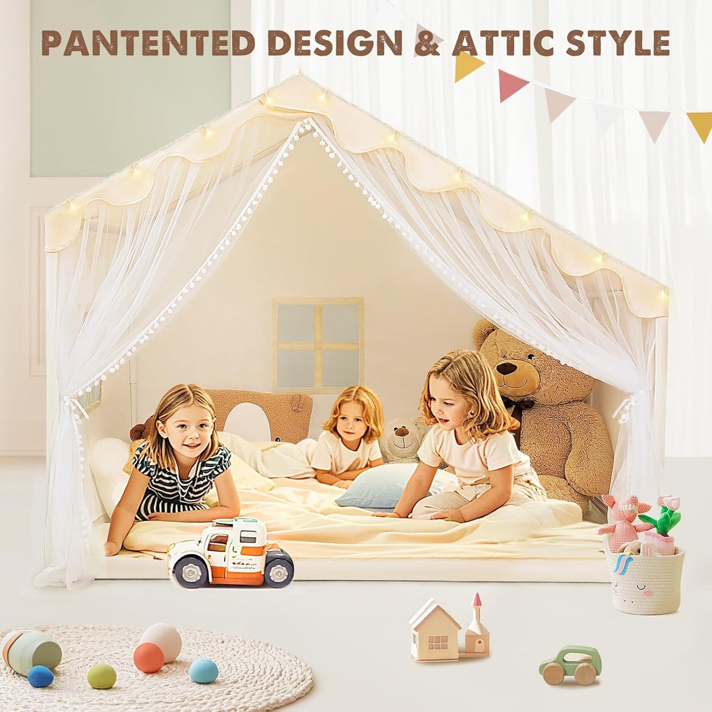 Kids Play Tent with Mat - Kids Tent Indoor with Star Lights and Flags, Toddler Tent for Kids Ages 3-8, Kids Playhouse for Girls Boys, 57" x 35" x 47" (Beige)