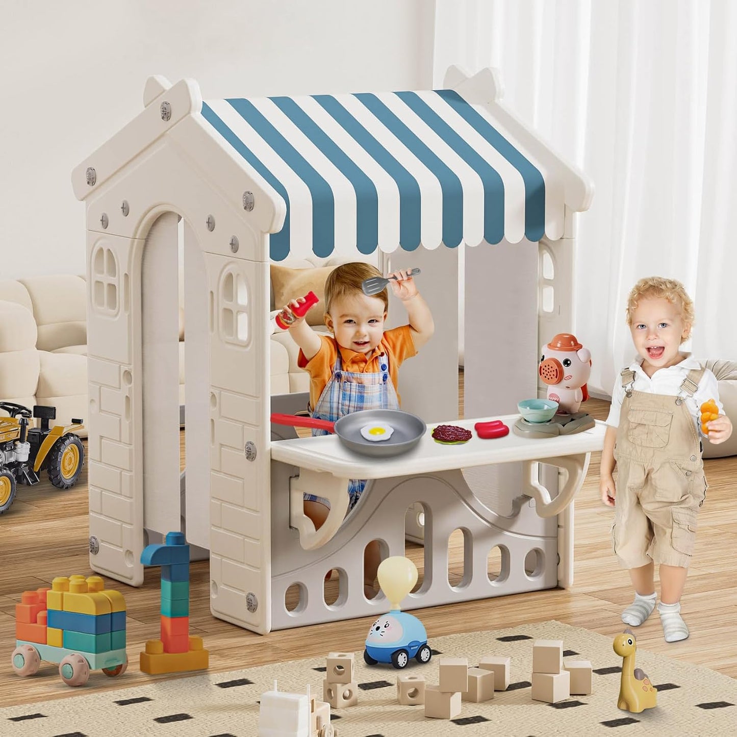 BIERUM Kids Playhouse with Cute Kids Pretend Play Kitchen Toys Set, Outdoor Playhouse for Toddlers Aged 1-3, with Windows, Door Curtains and Foldable Stand and Play Platform