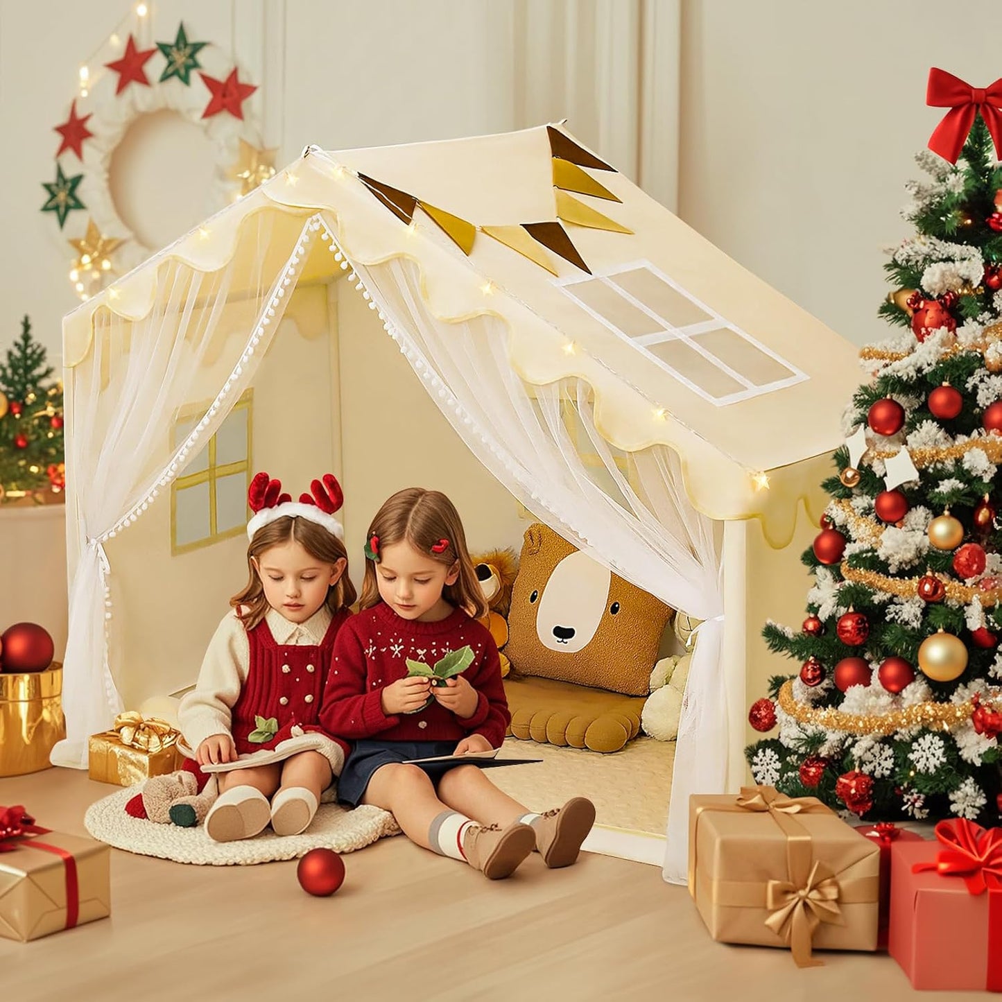 Kids Play Tent with Mat - Kids Tent Indoor with Star Lights and Flags, Toddler Tent for Kids Ages 3-8, Kids Playhouse for Girls Boys, 57" x 35" x 47" (Beige)