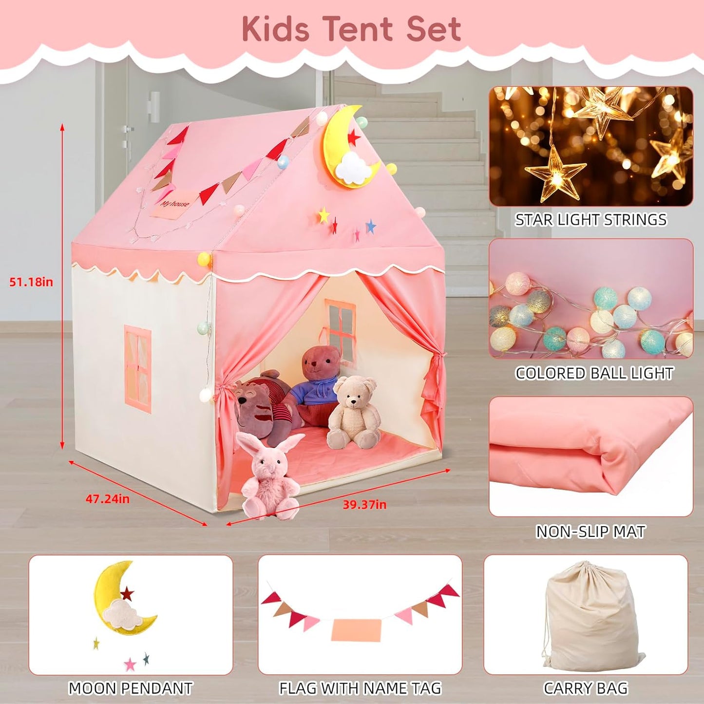 Kid Tent with Padded Mat, Star Lights - Kids Play Tents for Toddlers Kids Tents Indoor Playhouse - Princess Tent for Girls Toy House Gift - Pink, 47x40x51