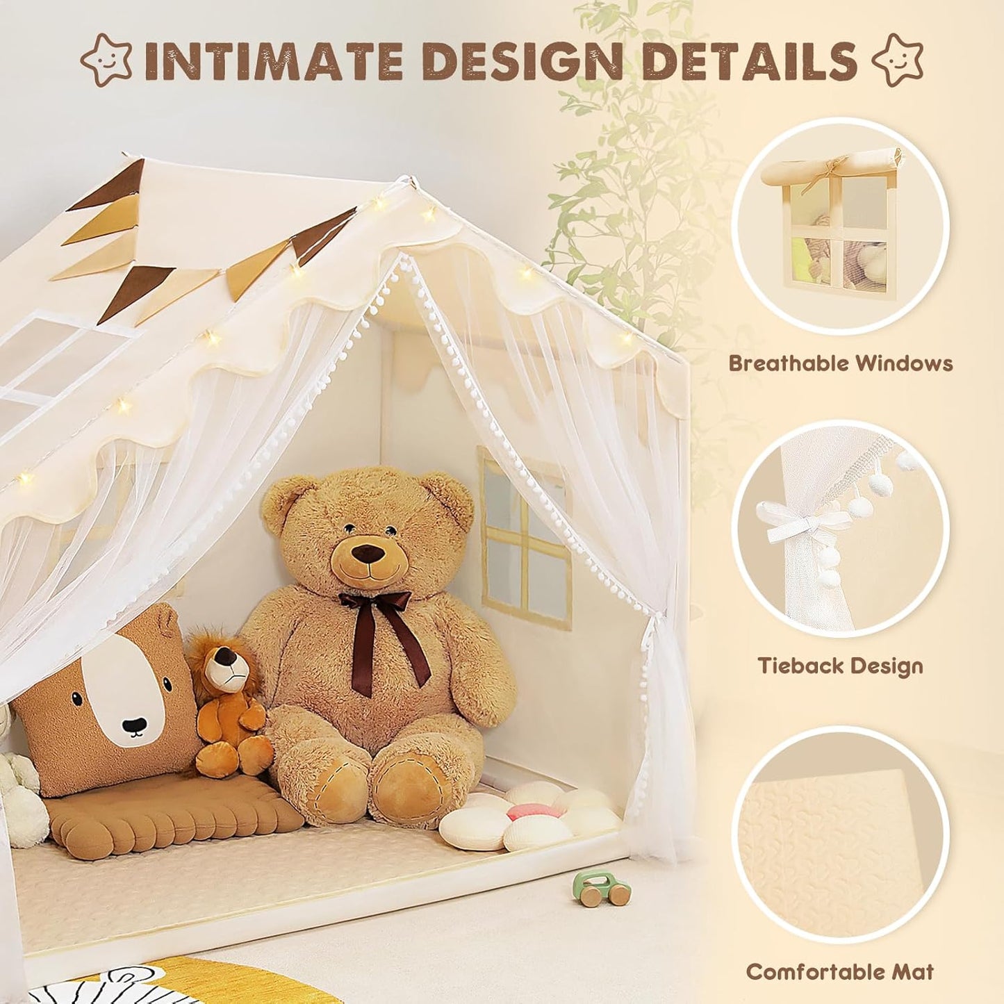 Kids Play Tent with Mat - Kids Tent Indoor with Star Lights and Flags, Toddler Tent for Kids Ages 3-8, Kids Playhouse for Girls Boys, 57" x 35" x 47" (Beige)