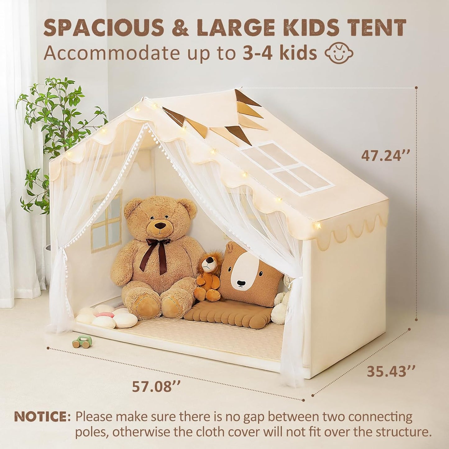 Kids Play Tent with Mat - Kids Tent Indoor with Star Lights and Flags, Toddler Tent for Kids Ages 3-8, Kids Playhouse for Girls Boys, 57" x 35" x 47" (Beige)