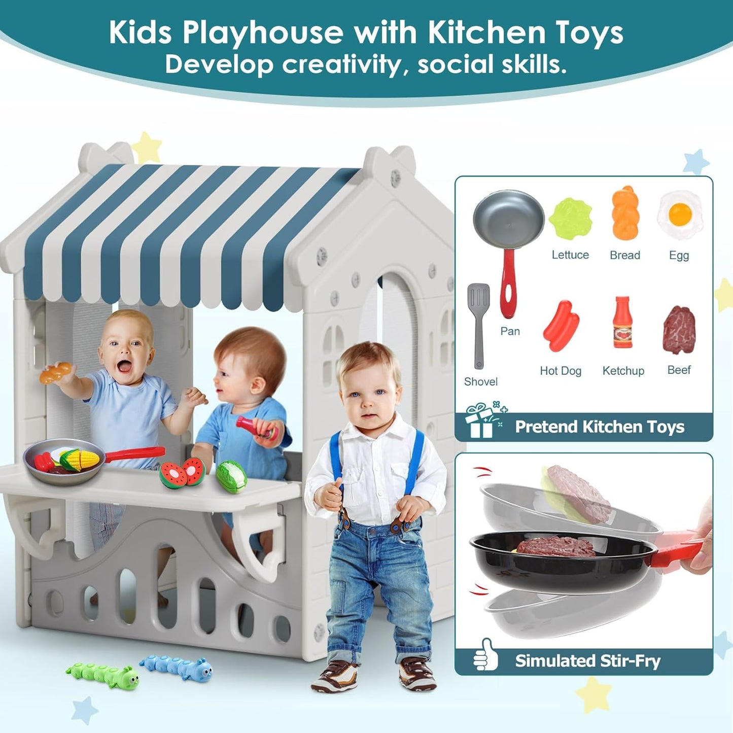 BIERUM Kids Playhouse with Cute Kids Pretend Play Kitchen Toys Set, Outdoor Playhouse for Toddlers Aged 1-3, with Windows, Door Curtains and Foldable Stand and Play Platform