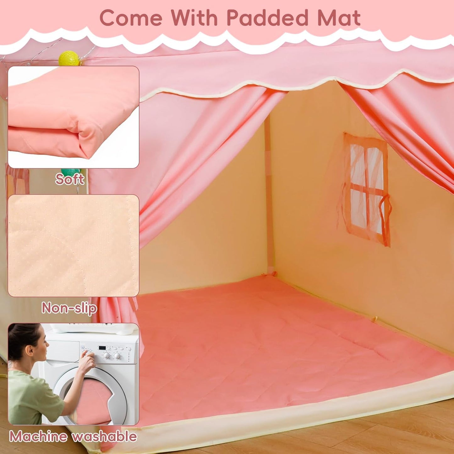 Kid Tent with Padded Mat, Star Lights - Kids Play Tents for Toddlers Kids Tents Indoor Playhouse - Princess Tent for Girls Toy House Gift - Pink, 47x40x51