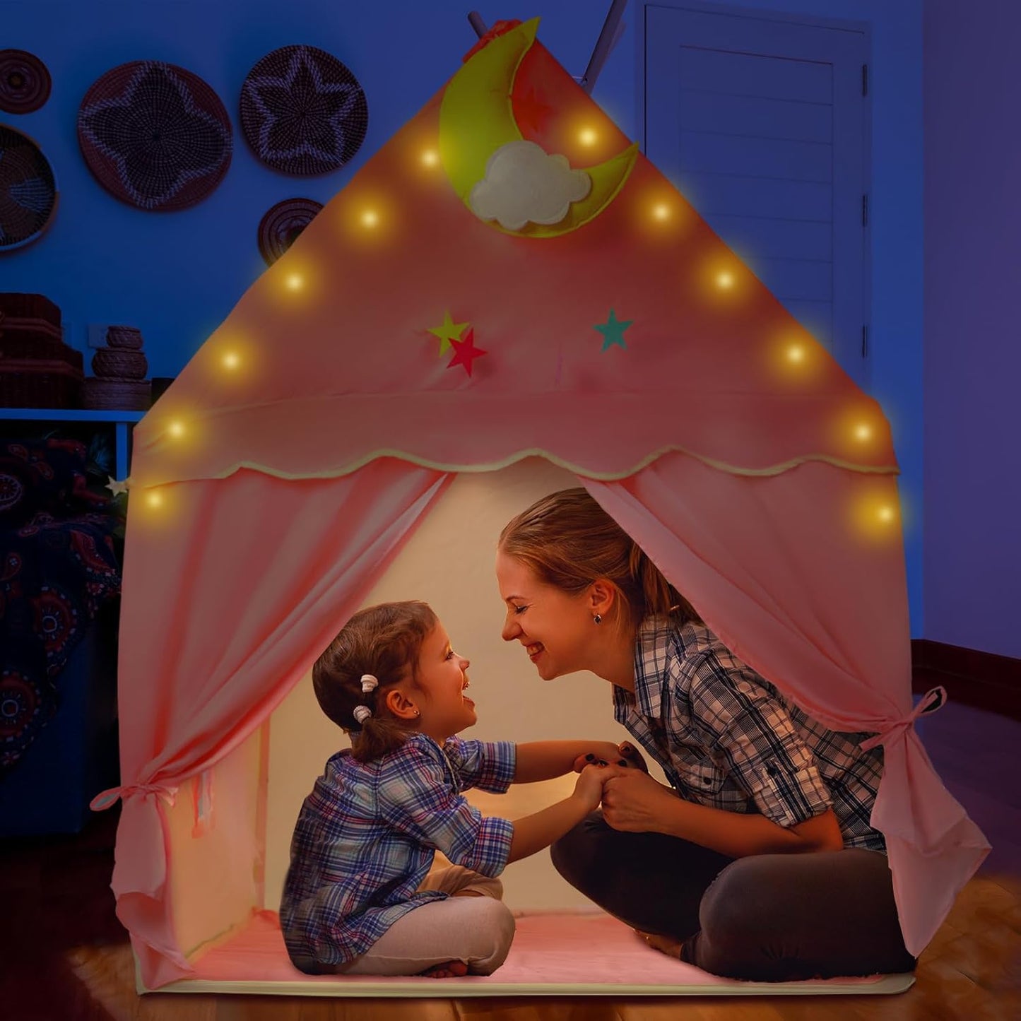 Kid Tent with Padded Mat, Star Lights - Kids Play Tents for Toddlers Kids Tents Indoor Playhouse - Princess Tent for Girls Toy House Gift - Pink, 47x40x51