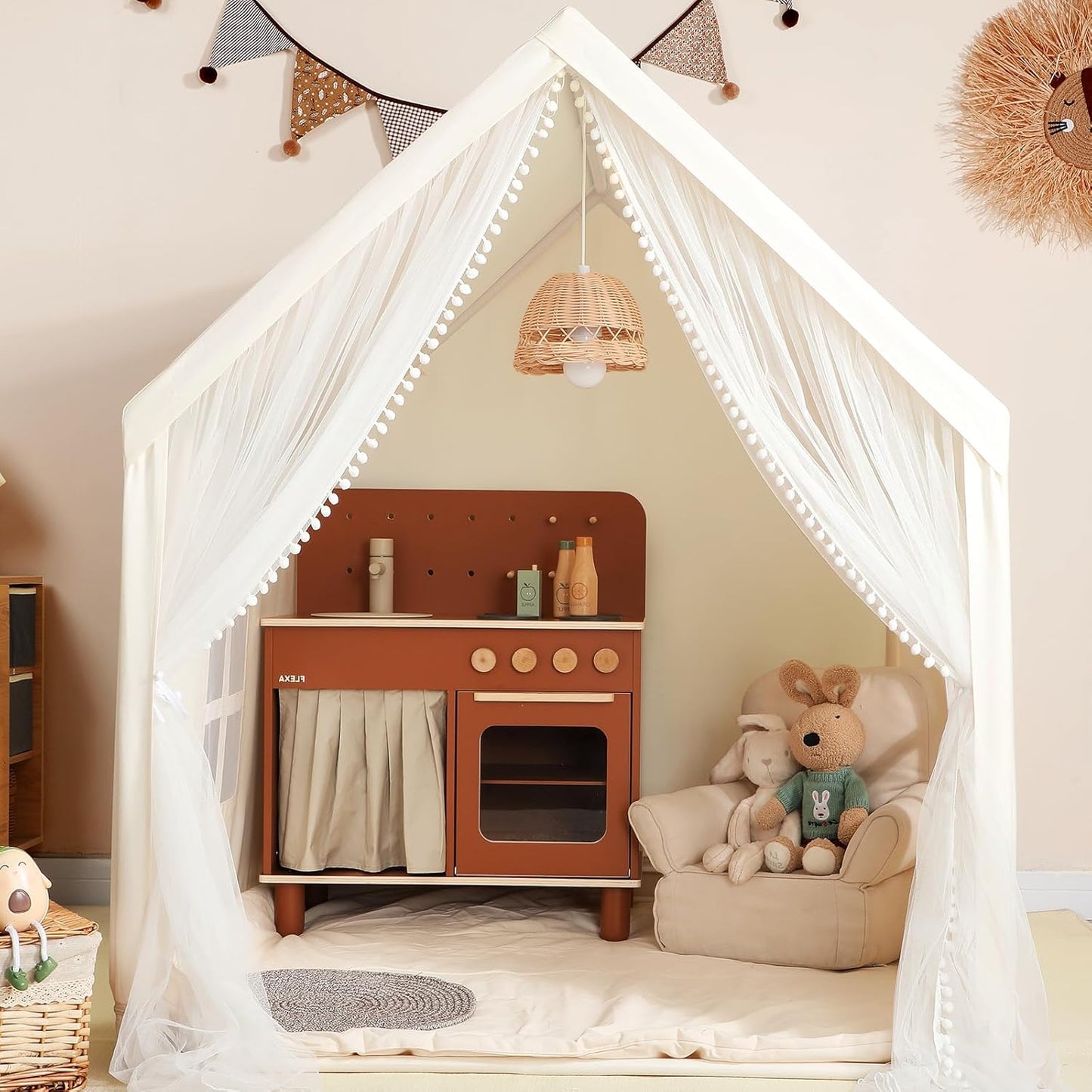 Monobeach Kids Tent Beige Play Tent with Long Mesh Curtain Large Playhouse for Indoor Outdoor Play Cottage Castle Toy for Girls Boys House Gift (Beige Kids Play Tent)