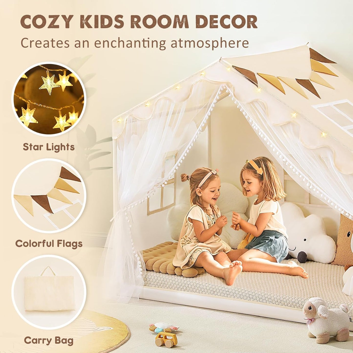 Kids Play Tent with Mat - Kids Tent Indoor with Star Lights and Flags, Toddler Tent for Kids Ages 3-8, Kids Playhouse for Girls Boys, 57" x 35" x 47" (Beige)
