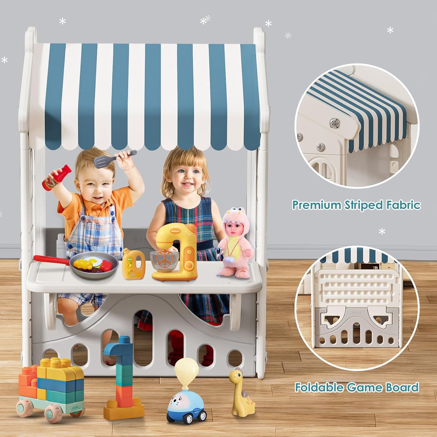 BIERUM Kids Playhouse with Cute Kids Pretend Play Kitchen Toys Set, Outdoor Playhouse for Toddlers Aged 1-3, with Windows, Door Curtains and Foldable Stand and Play Platform