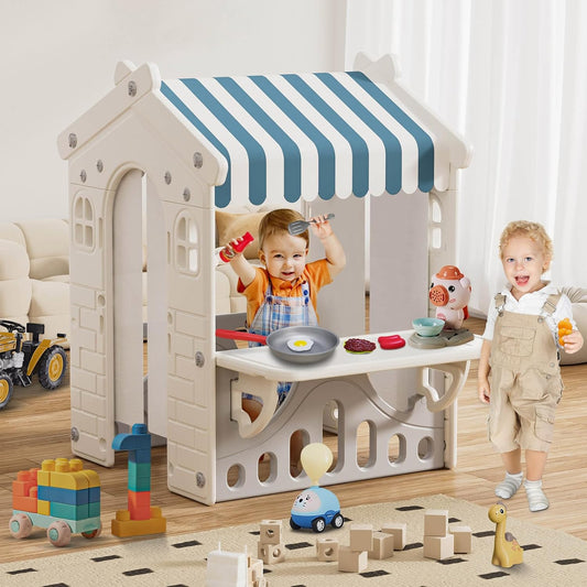 BIERUM Kids Playhouse with Cute Kids Pretend Play Kitchen Toys Set, Outdoor Playhouse for Toddlers Aged 1-3, with Windows, Door Curtains and Foldable Stand and Play Platform
