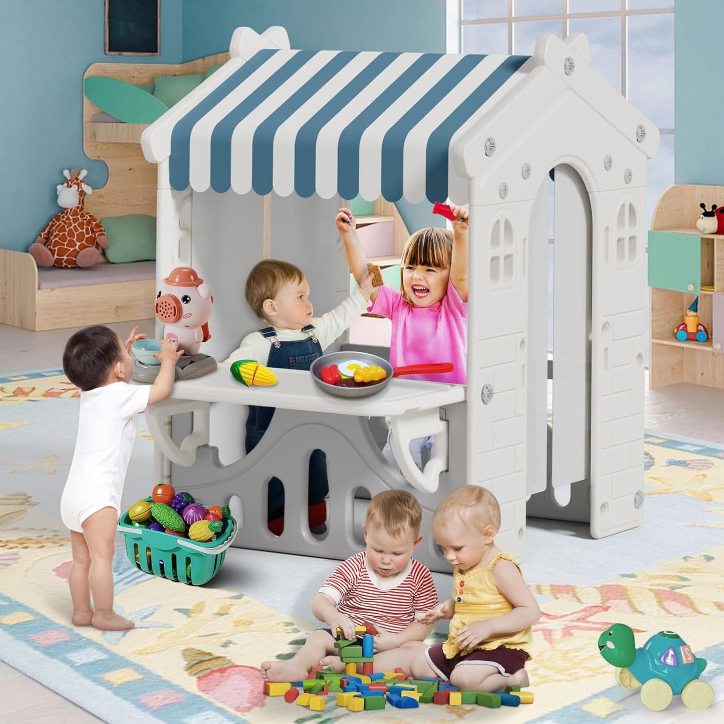 BIERUM Kids Playhouse with Cute Kids Pretend Play Kitchen Toys Set, Outdoor Playhouse for Toddlers Aged 1-3, with Windows, Door Curtains and Foldable Stand and Play Platform