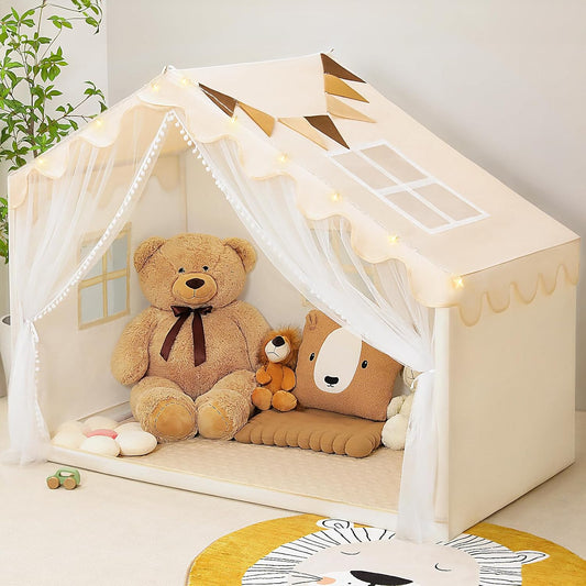 Kids Play Tent with Mat - Kids Tent Indoor with Star Lights and Flags, Toddler Tent for Kids Ages 3-8, Kids Playhouse for Girls Boys, 57" x 35" x 47" (Beige)
