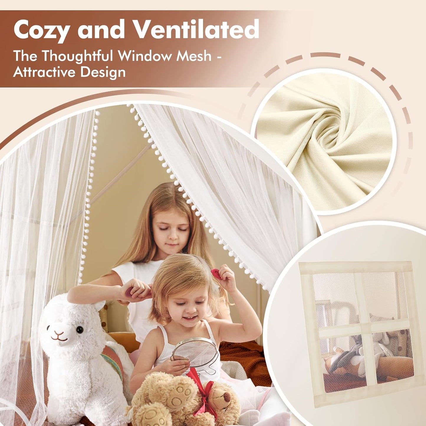 Monobeach Kids Tent Beige Play Tent with Long Mesh Curtain Large Playhouse for Indoor Outdoor Play Cottage Castle Toy for Girls Boys House Gift (Beige Kids Play Tent)